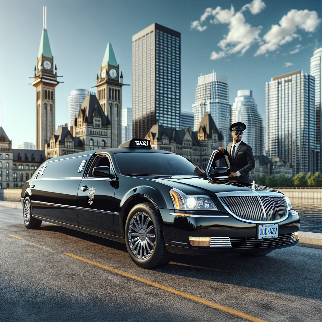 A realistic image of a luxurious black limo taxi from Airport Black Car Service in Kitchener-Waterloo with a chauffeur and city landmarks.