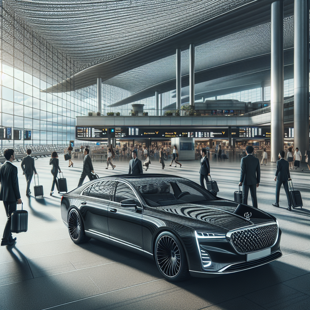 Black luxury sedan at a bustling modern airport terminal in Kitchener-Waterloo, representing a premium taxi service.