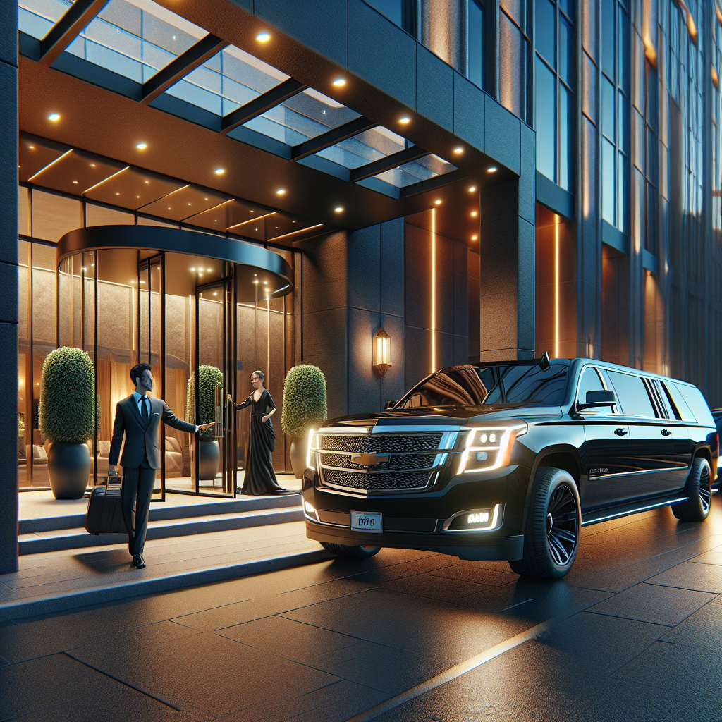 Luxurious transportation scene with a stretch limo, SUV, and sedan in front of a modern hotel.