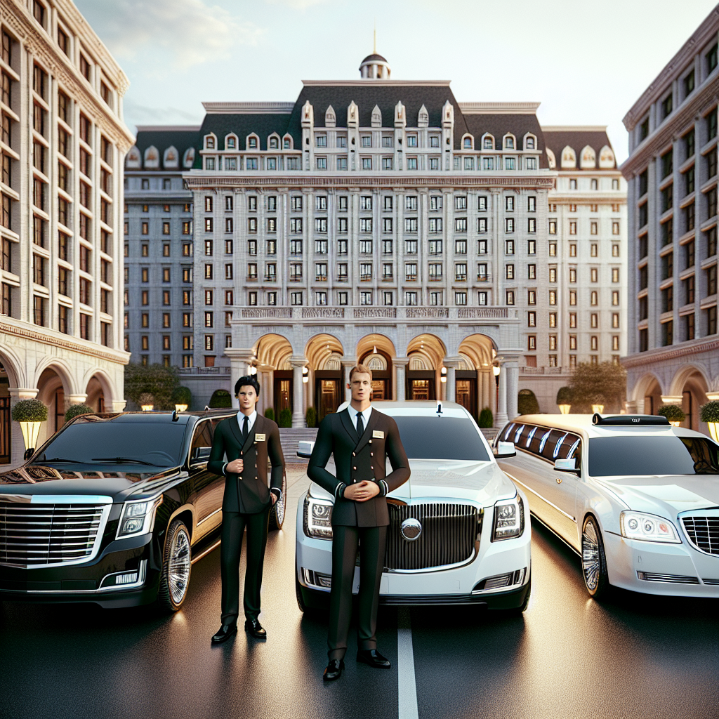 Luxury limousine service with a black sedan, white SUV, and a stretch limo in front of a high-end hotel with professional drivers.