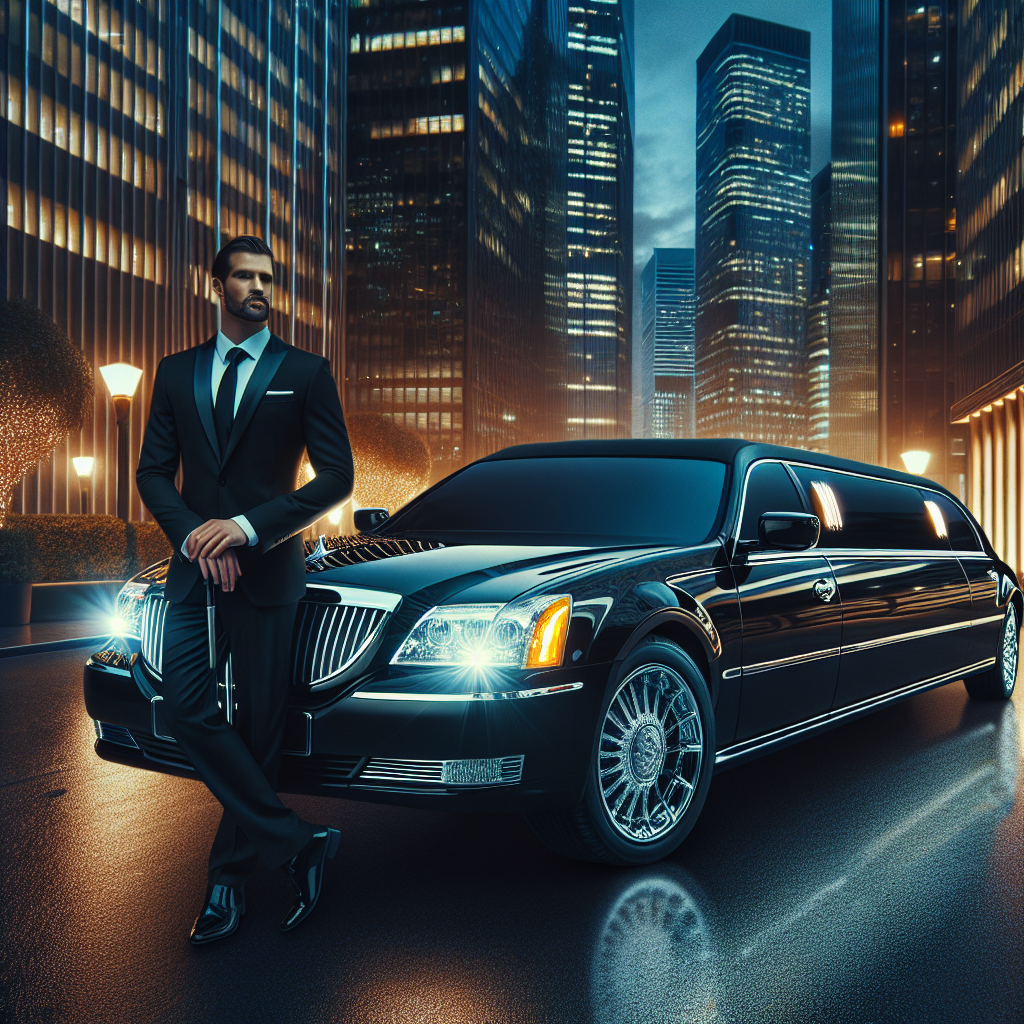 Luxurious black limousine parked at a curbside with a professional driver during twilight on a city street.