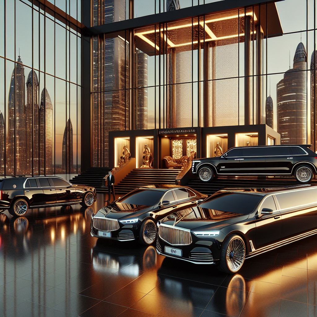 Luxury vehicles from Barrie Limo Services parked in front of a modern building during sunset.