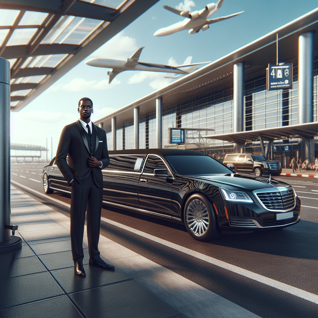 A luxurious black limousine at Toronto Pearson International Airport with a professional driver, showcasing plush interiors and a sleek exterior.