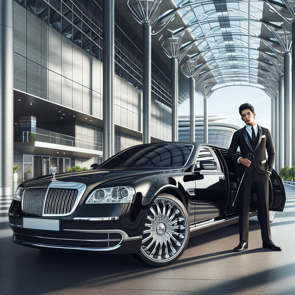 A luxurious black limousine parked at Toronto Pearson International Airport with a chauffeur standing beside the open door.