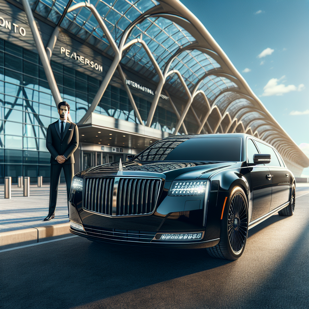 A luxurious black limousine with a professional driver outside Toronto Pearson International Airport.