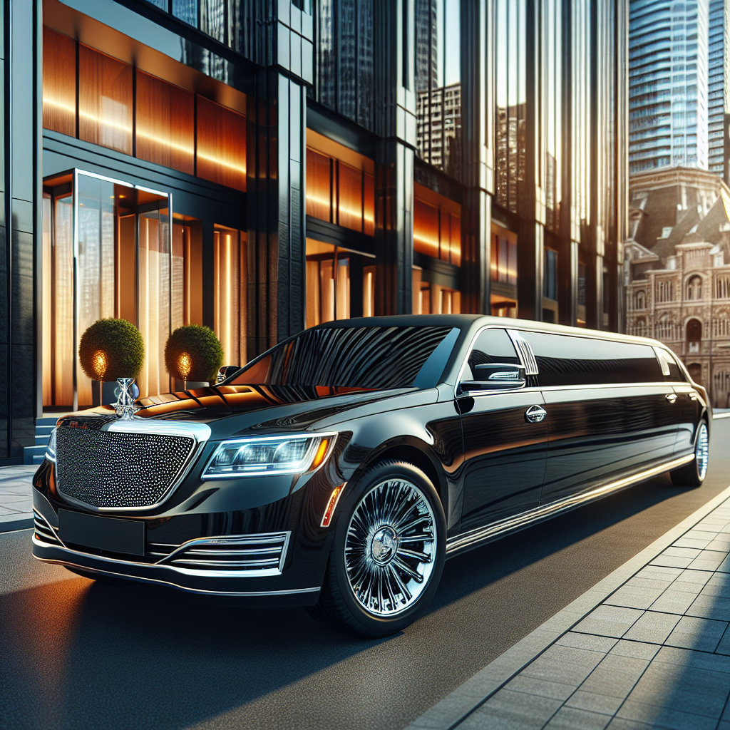 A luxurious black limousine parked in front of a modern hotel in Barrie.