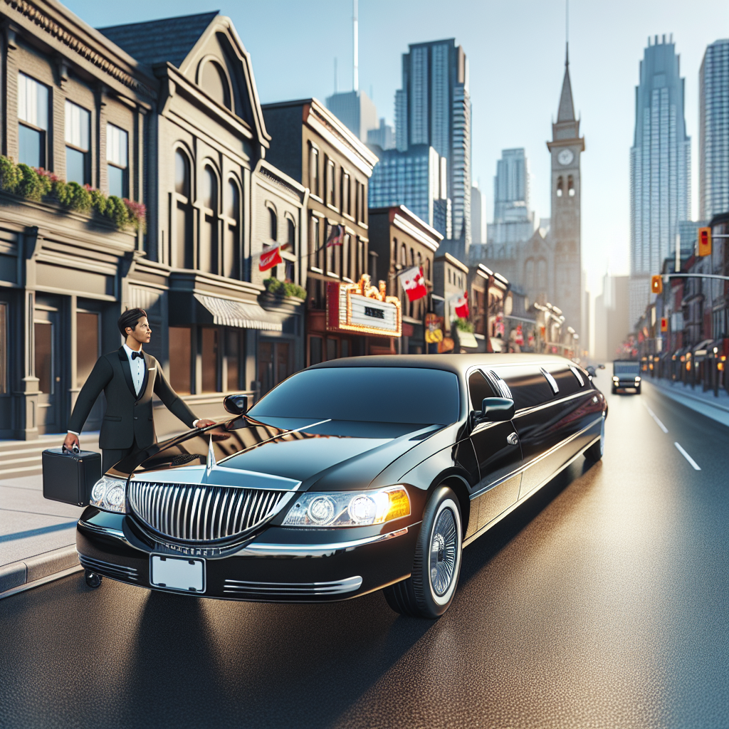 Luxury black limo in Barrie with chauffeur opening the door for a business passenger.