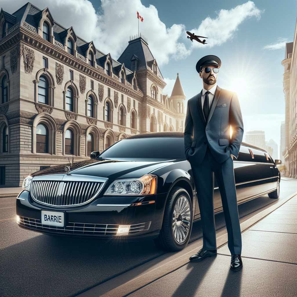 A premium limousine service in Barrie with a sleek black limo and a professional driver standing ready.