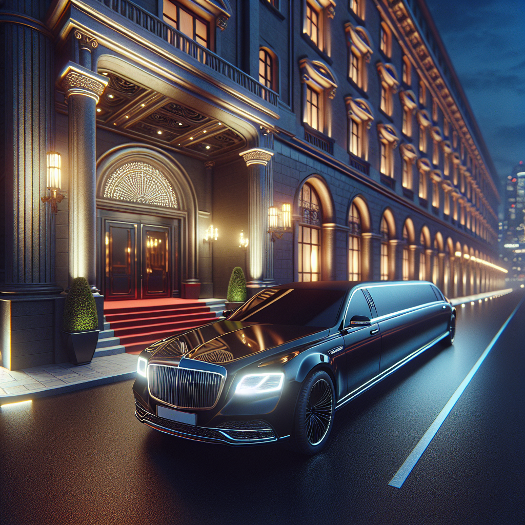 A luxury black limousine parked in front of a grand hotel entrance at night, reflecting city lights.