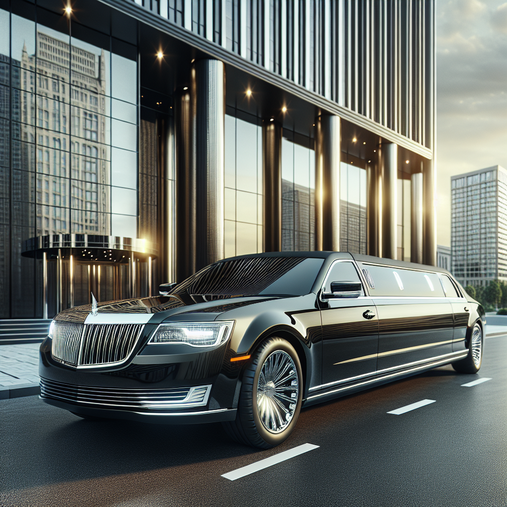 A luxurious black limousine parked in front of a modern building.