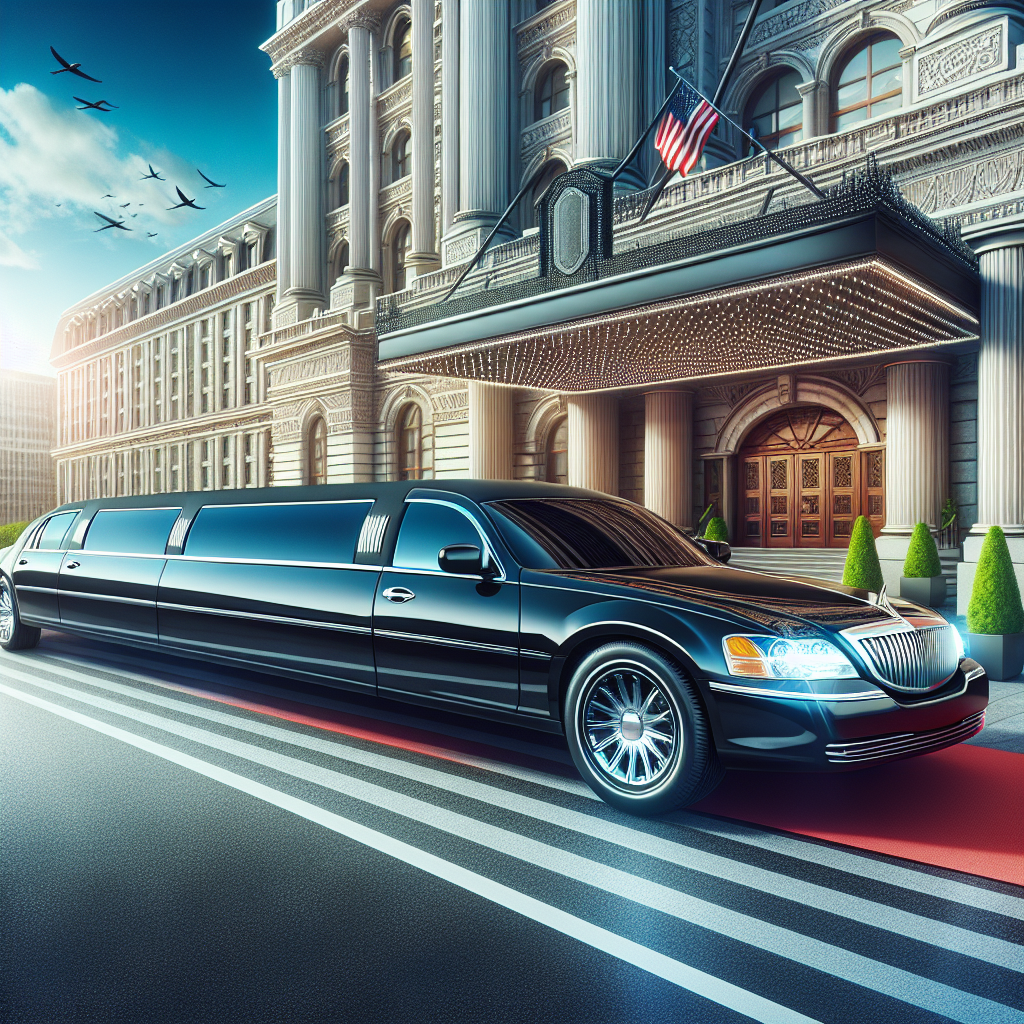 Luxurious black stretch limousine parked in front of an elegant urban hotel entrance with a red carpet.