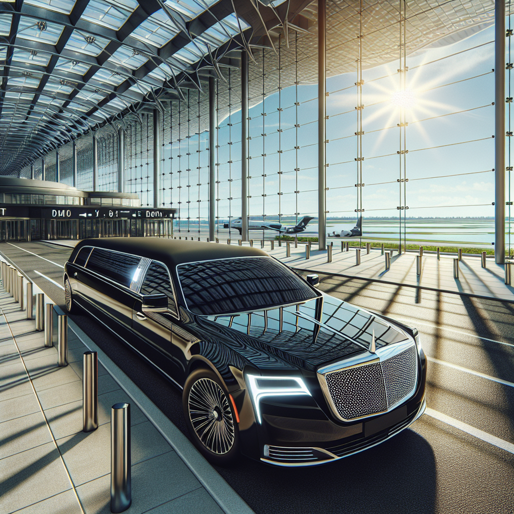 Luxurious black limousine at Barrie Airport with Lake Simcoe in the background.