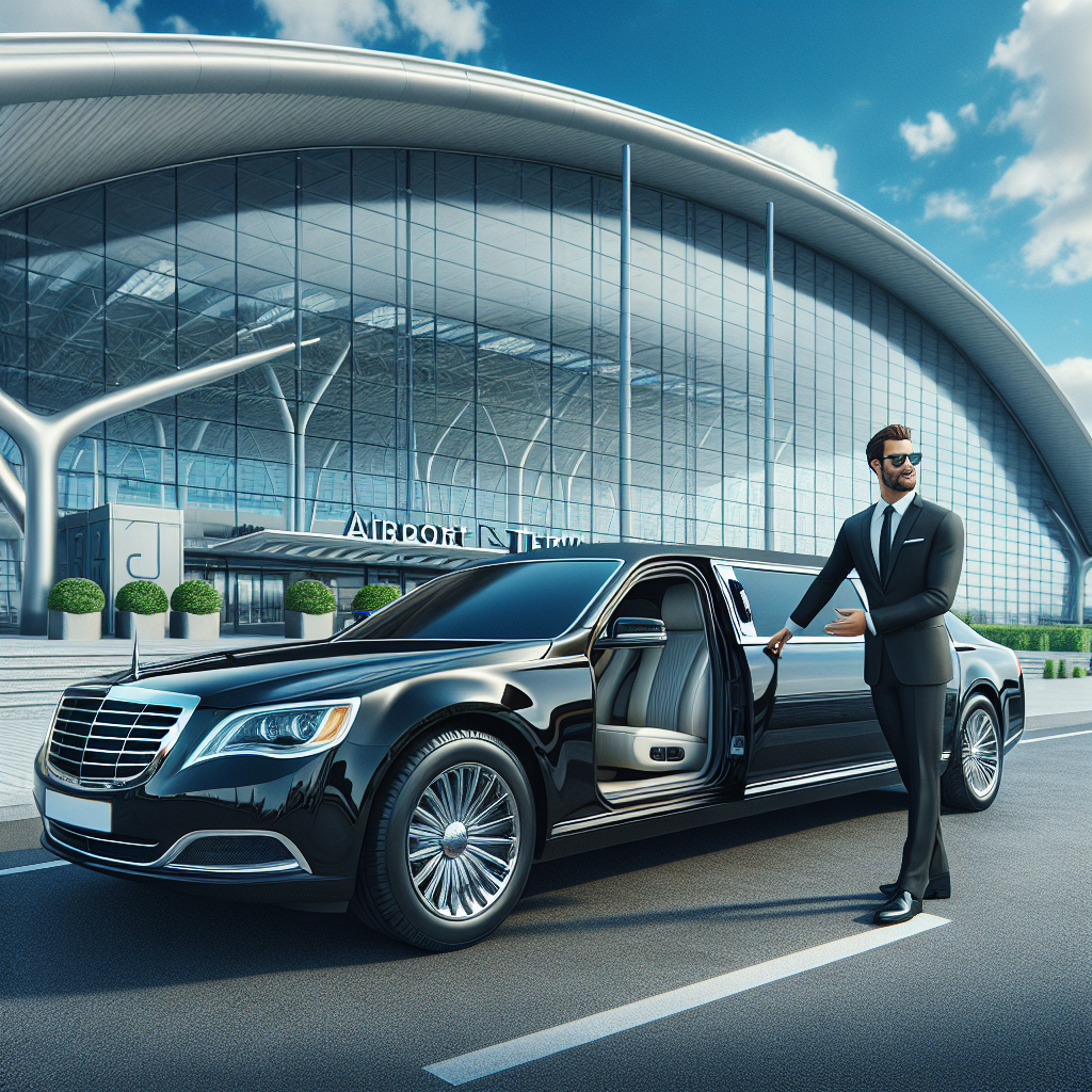 A luxurious black limousine with a professional driver outside a modern airport terminal in Barrie.