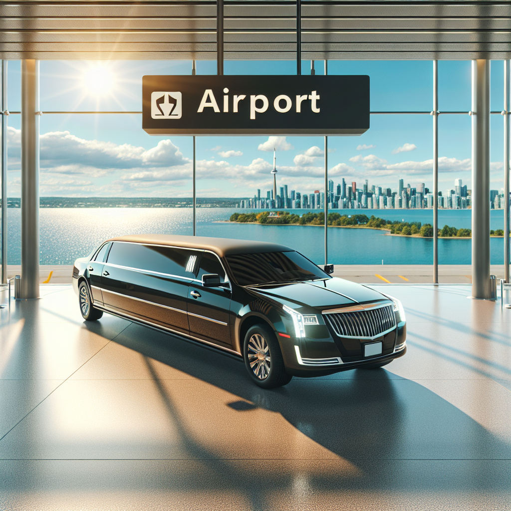 Realistic image of Barrie Airport services with a black limousine and the city's picturesque landscape.