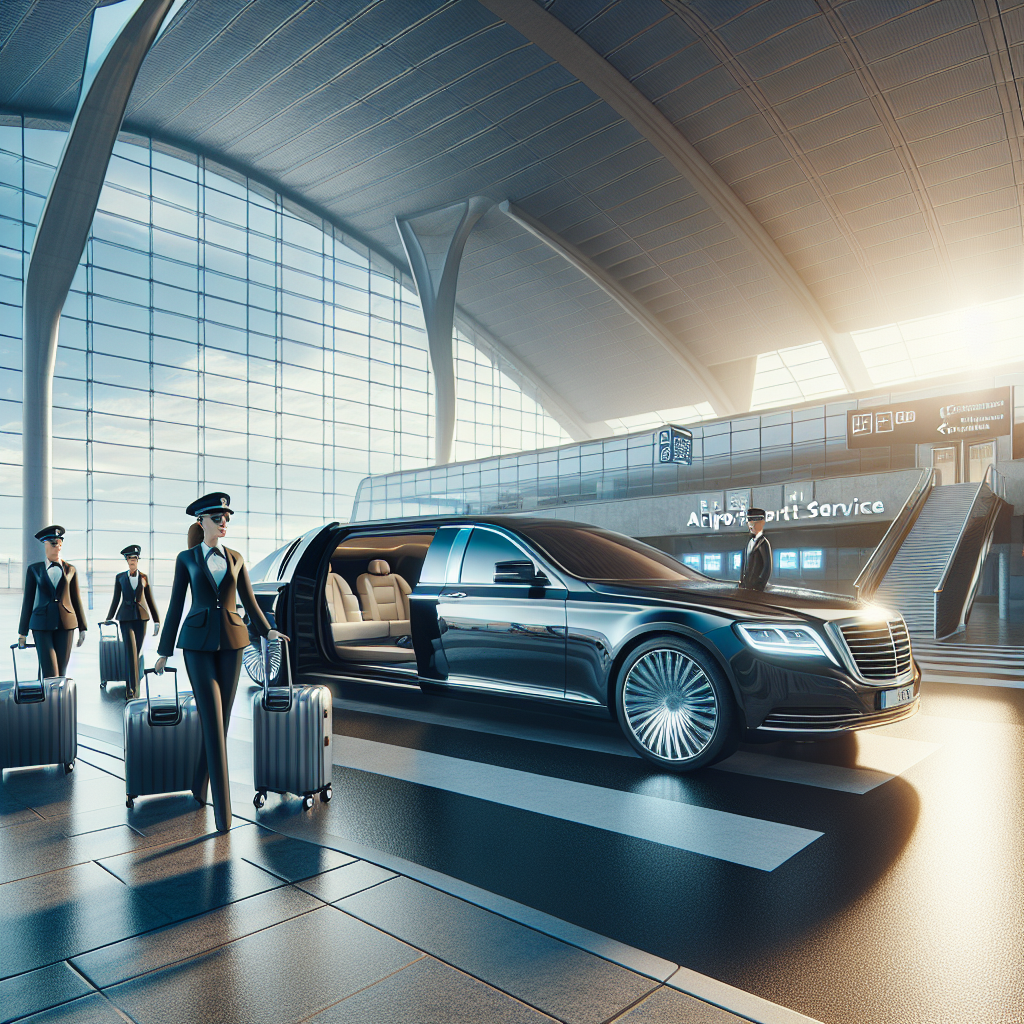 Realistic illustration of Barrie Airport services with a luxury limousine and modern terminal.