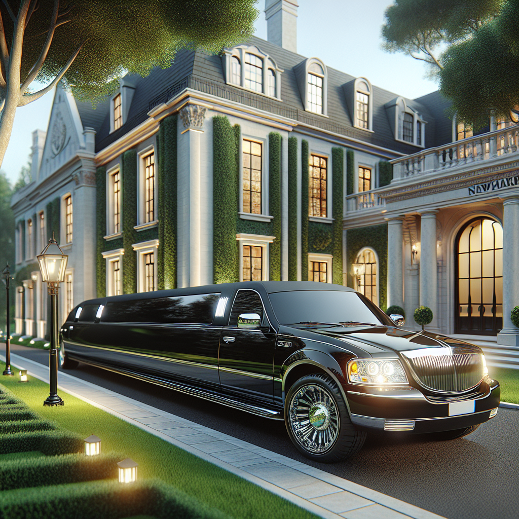 A luxurious black stretch limousine parked in front of an elegant venue in Newmarket.