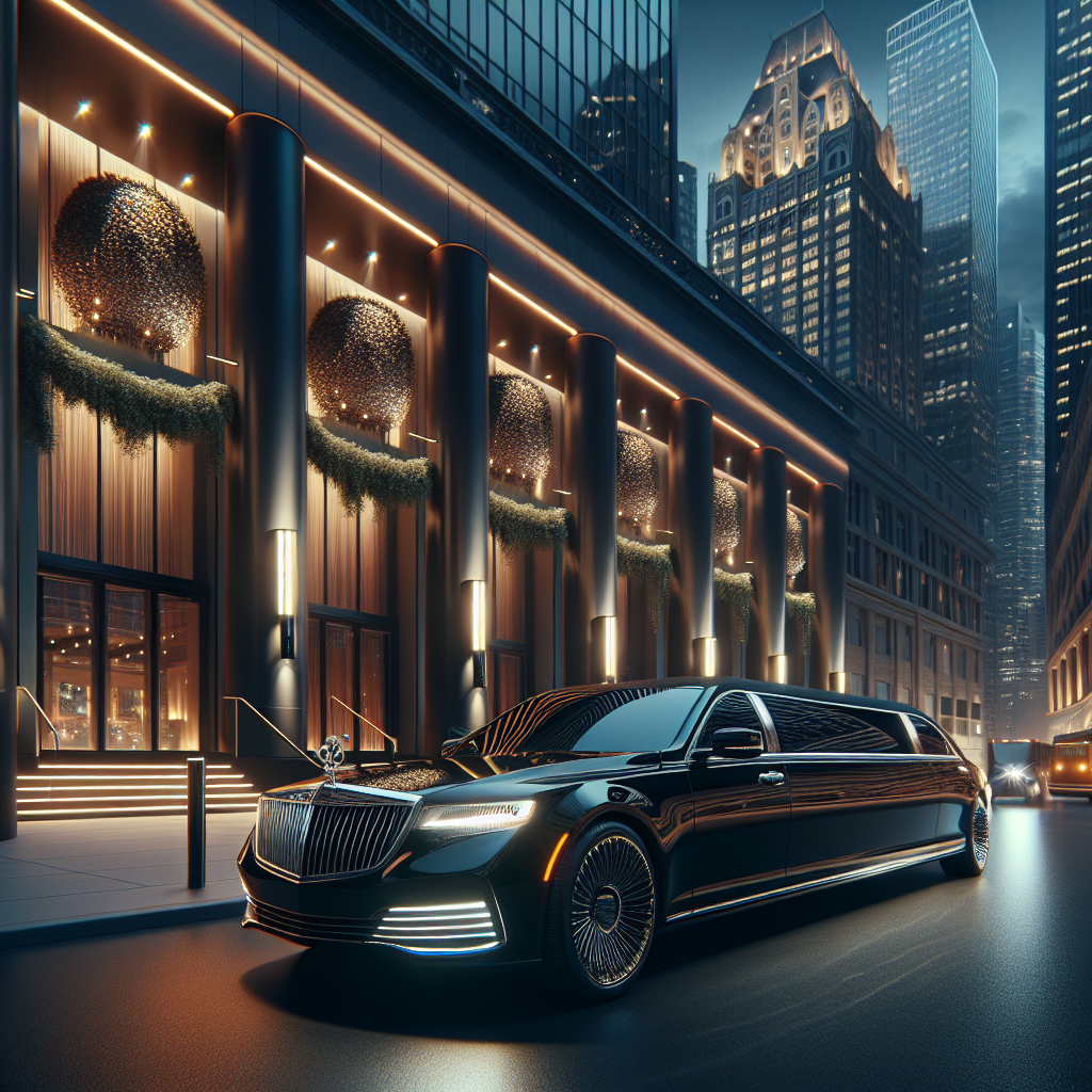 A luxurious black limousine parked in front of a stylish venue in Newmarket during the evening.