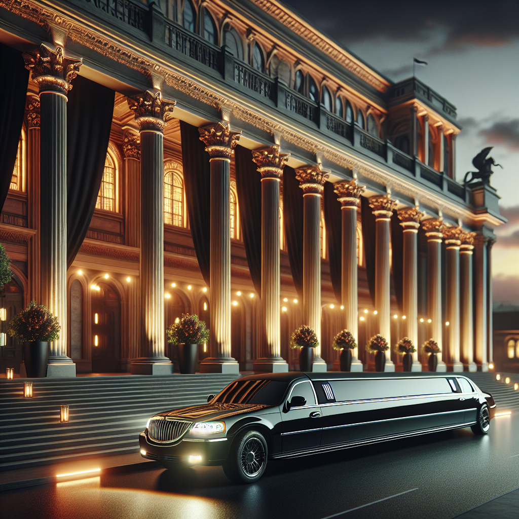 A luxurious black limousine parked in front of an elegant event venue at dusk.