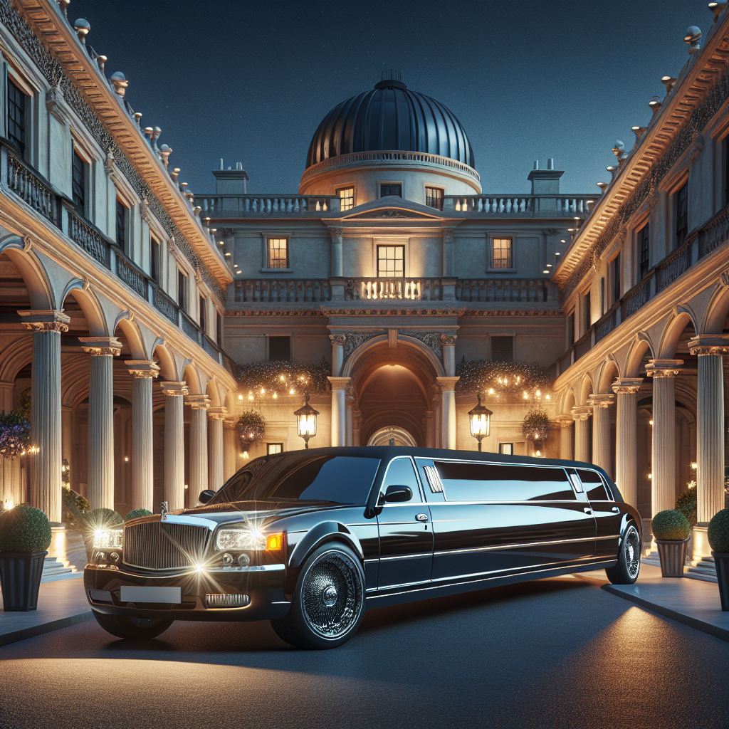 A luxury limousine parked in front of a grand event venue in Newmarket, illuminated by evening lighting.