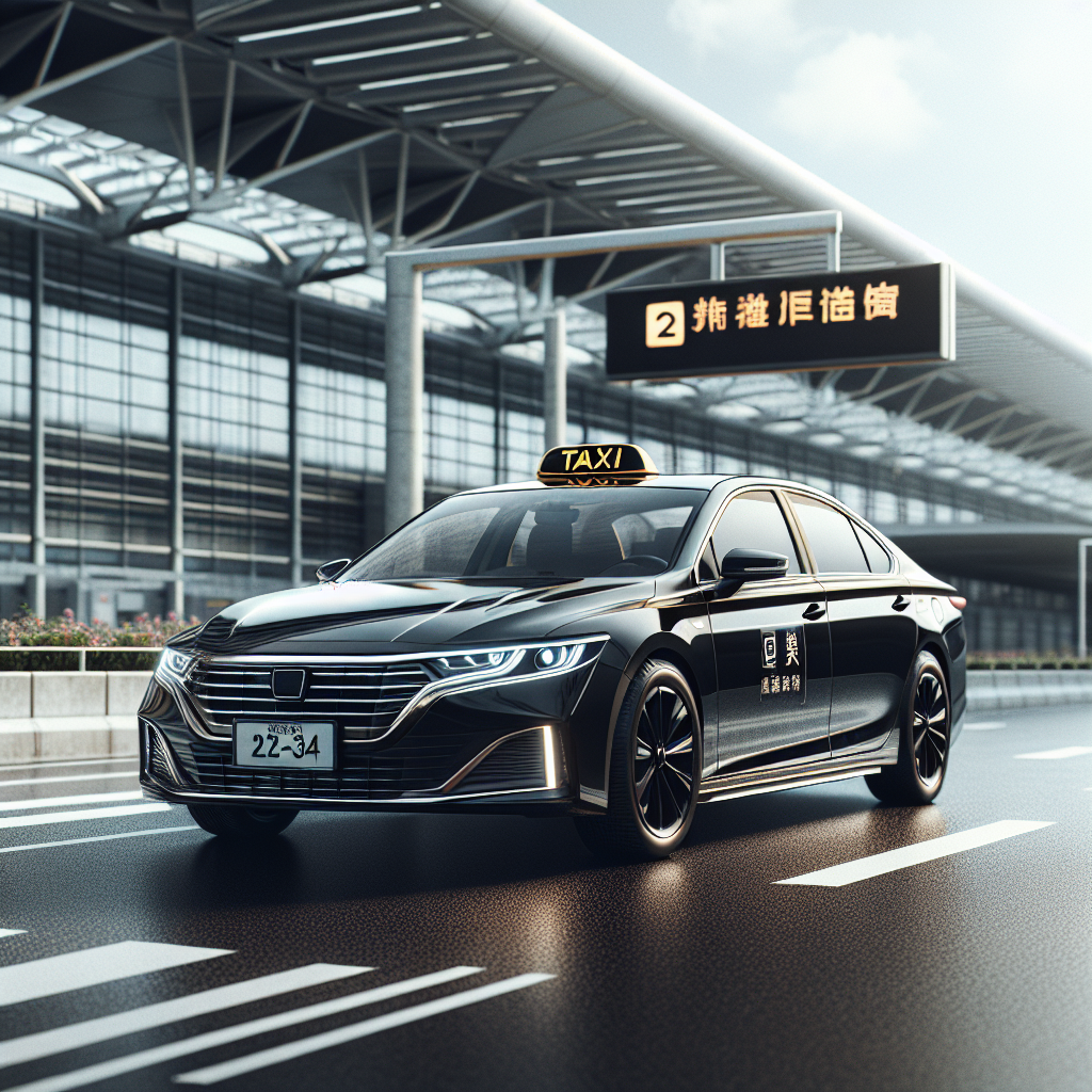 A realistic image of a sleek, modern airport taxi in Barrie, ready for pickup near an airport terminal.