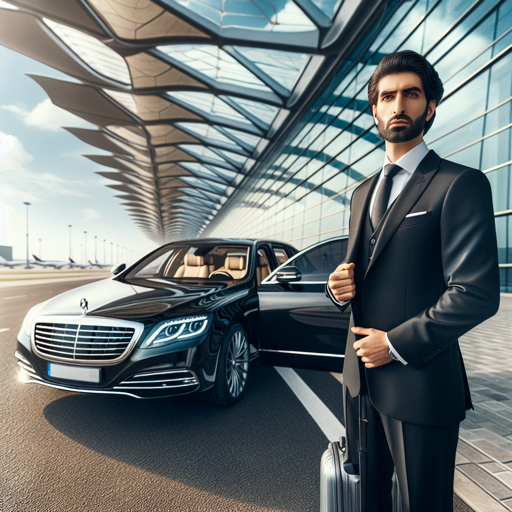 A luxury sedan with plush interiors and a professional driver at Toronto Pearson Airport.