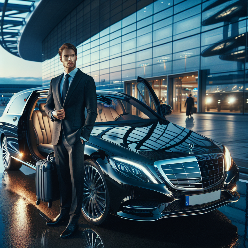 A luxury car service represented by a high-end vehicle with a professional driver at Toronto Pearson International Airport.