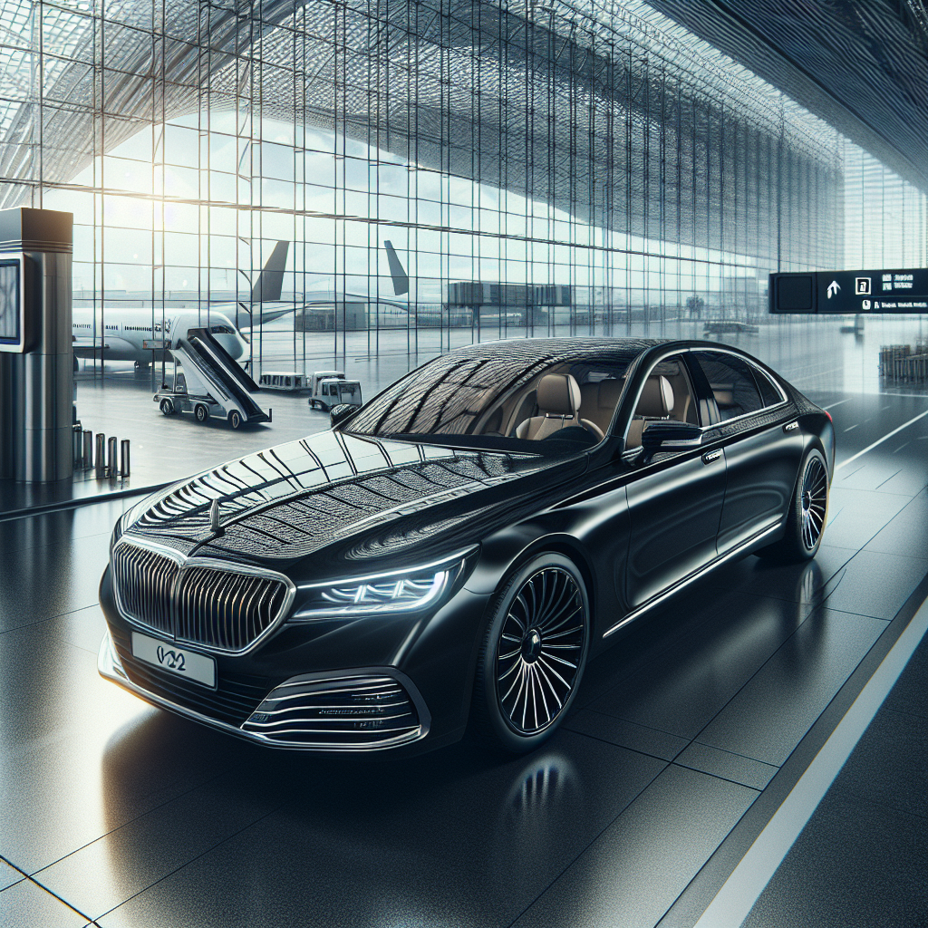 Luxury black sedan at Toronto Pearson International Airport, emphasizing comfort and elegance.