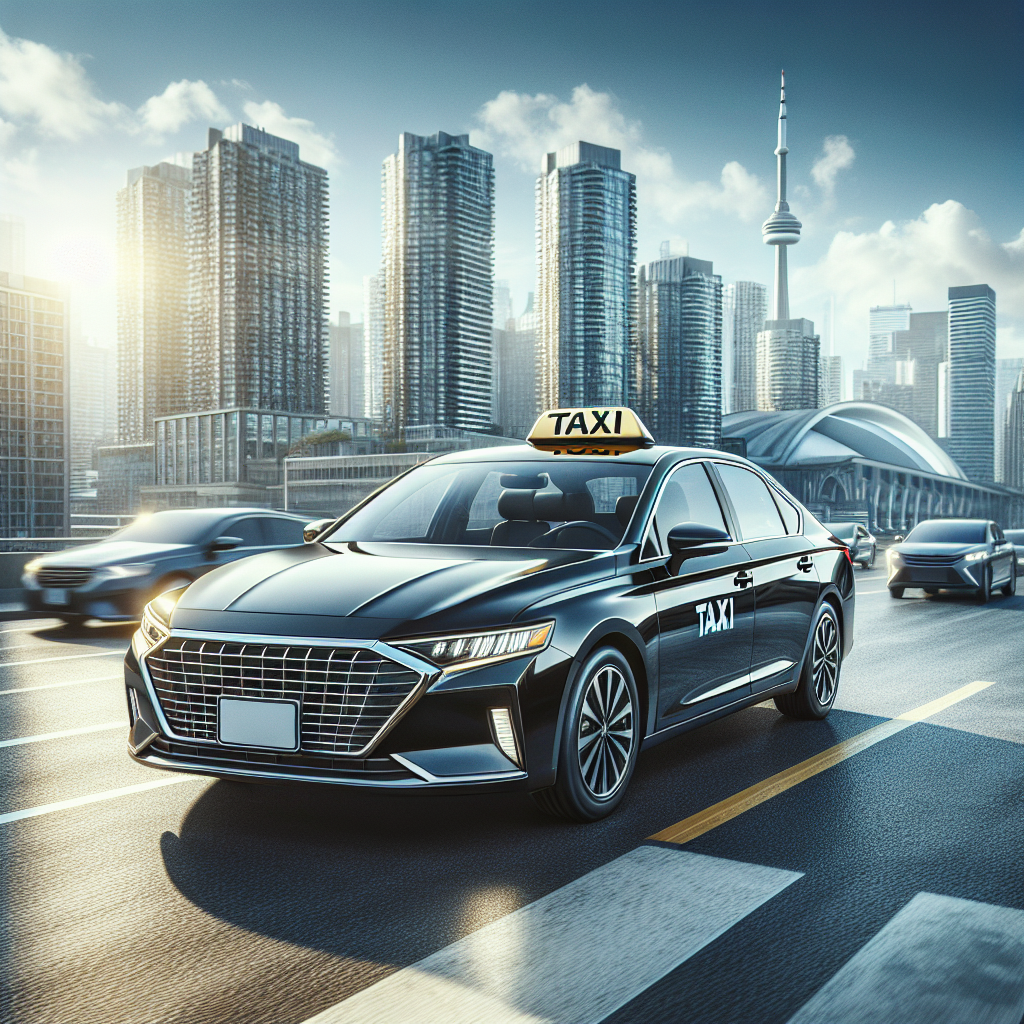 A modern flat rate taxi driving smoothly towards the airport in Toronto cityscape.