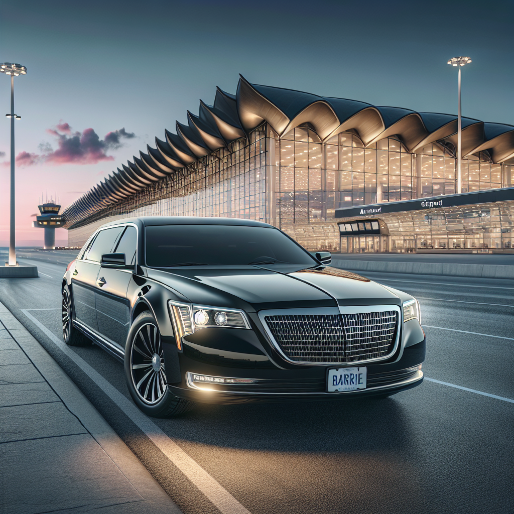 A luxurious black car service vehicle in front of a modern airport terminal at dusk.