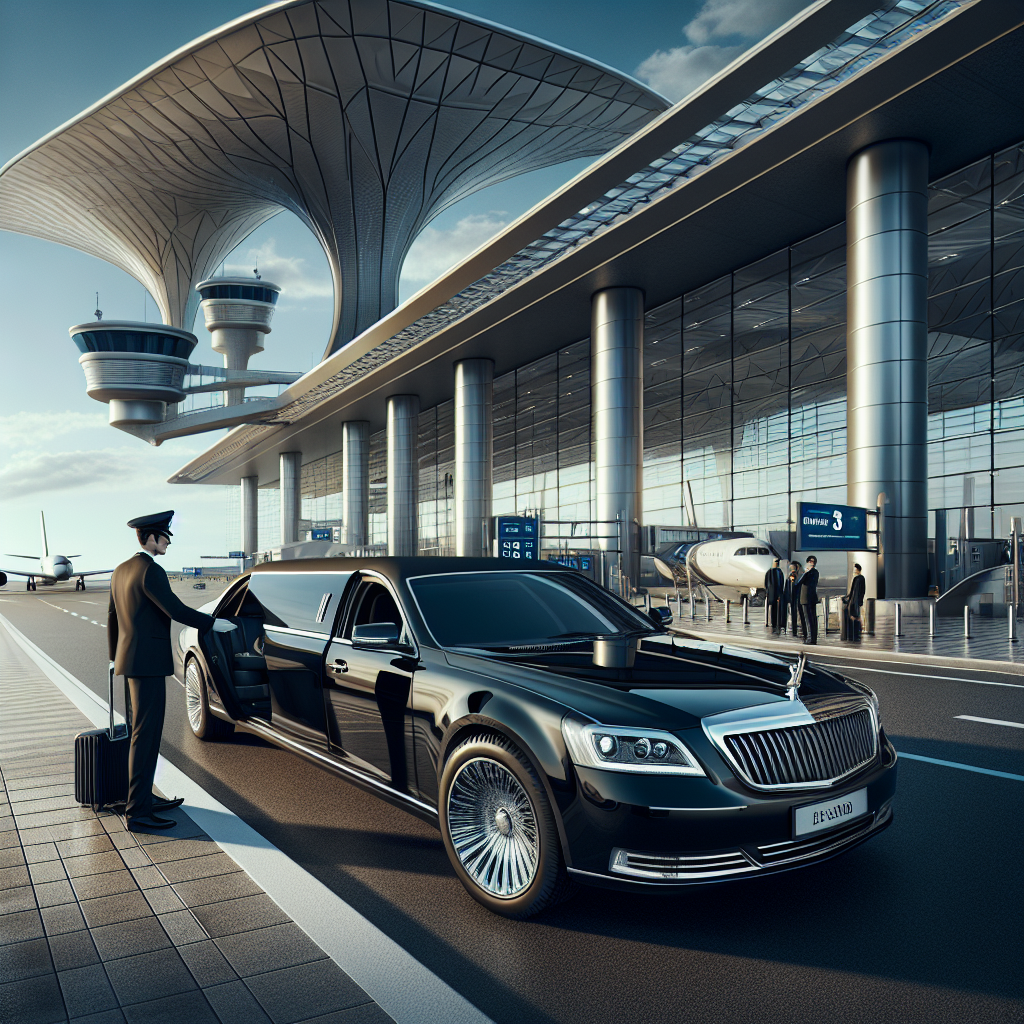 Luxury black limousine at a modern airport terminal with a uniformed chauffeur opening the door for a passenger.