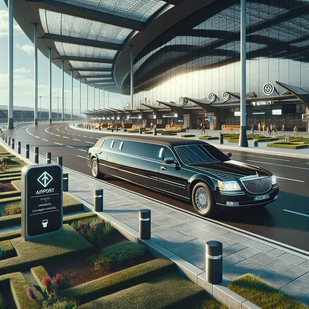 A luxury black limo parked outside a modern airport terminal in Barrie, showcasing airport transportation services.