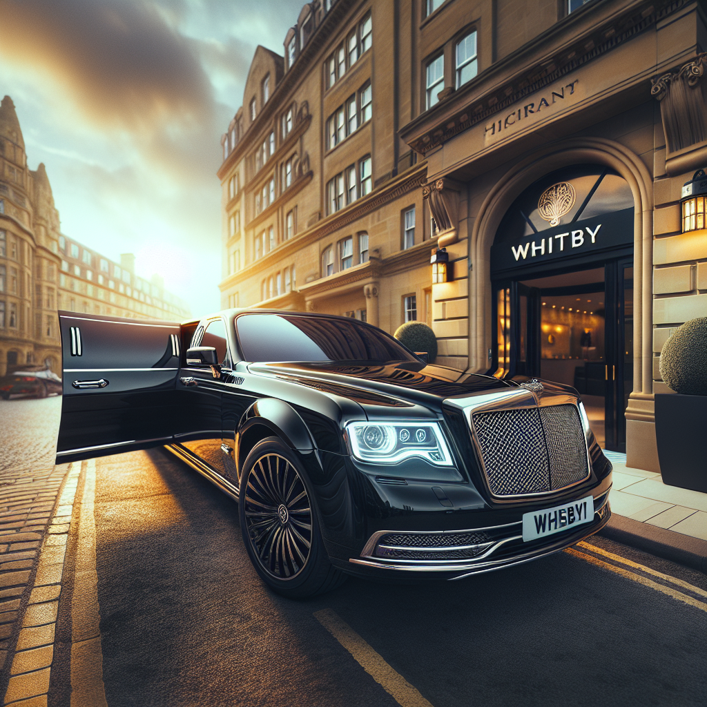 Luxurious Whitby limo parked in front of a high-end hotel during the golden hour.