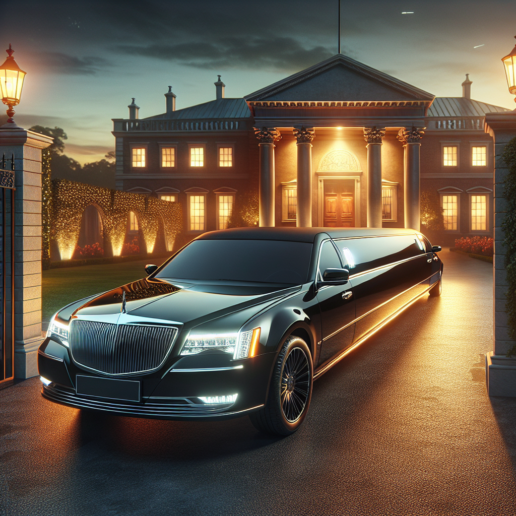 A luxurious black stretch limousine parked in front of an elegant venue at dusk.