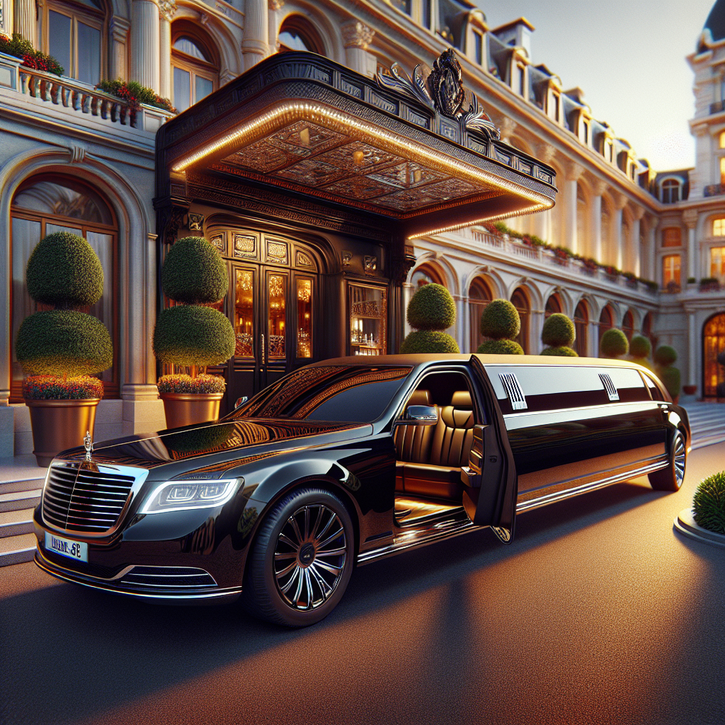 A luxury Whitby limo parked in front of a grand hotel entrance with plush leather seating visible through the door.