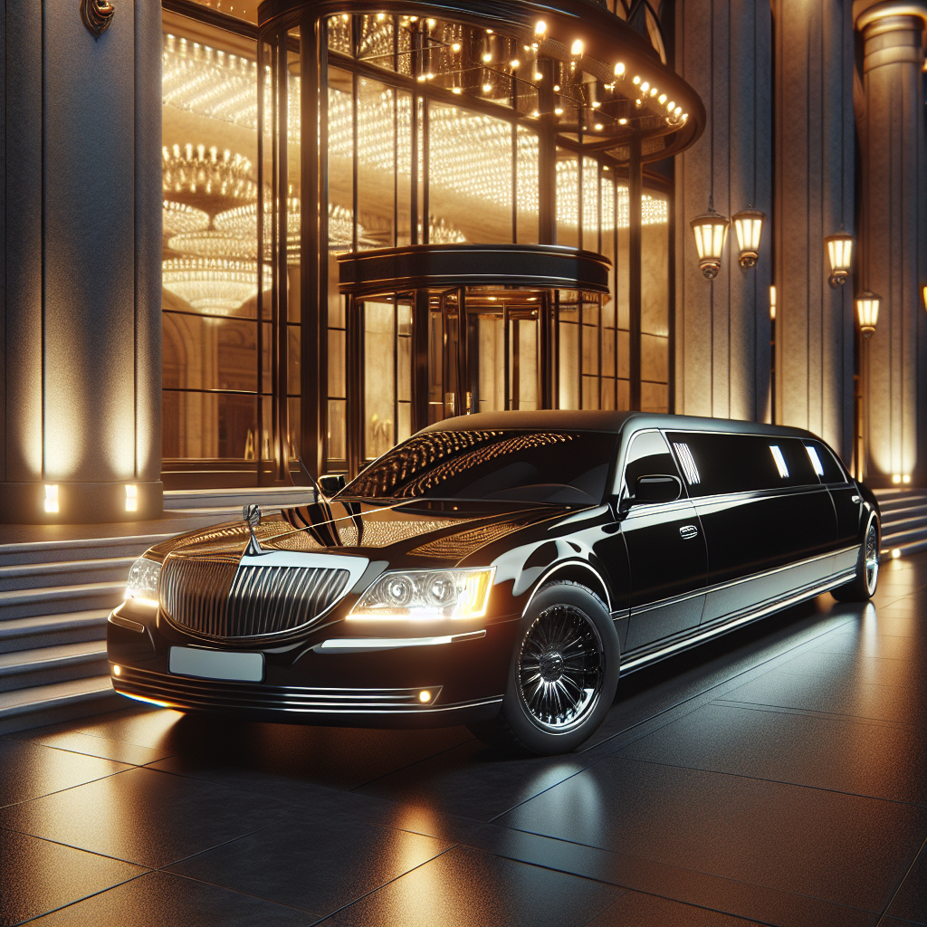 A luxurious black limousine in front of an elegant hotel entrance, showcasing the comfort and luxury of limo services.