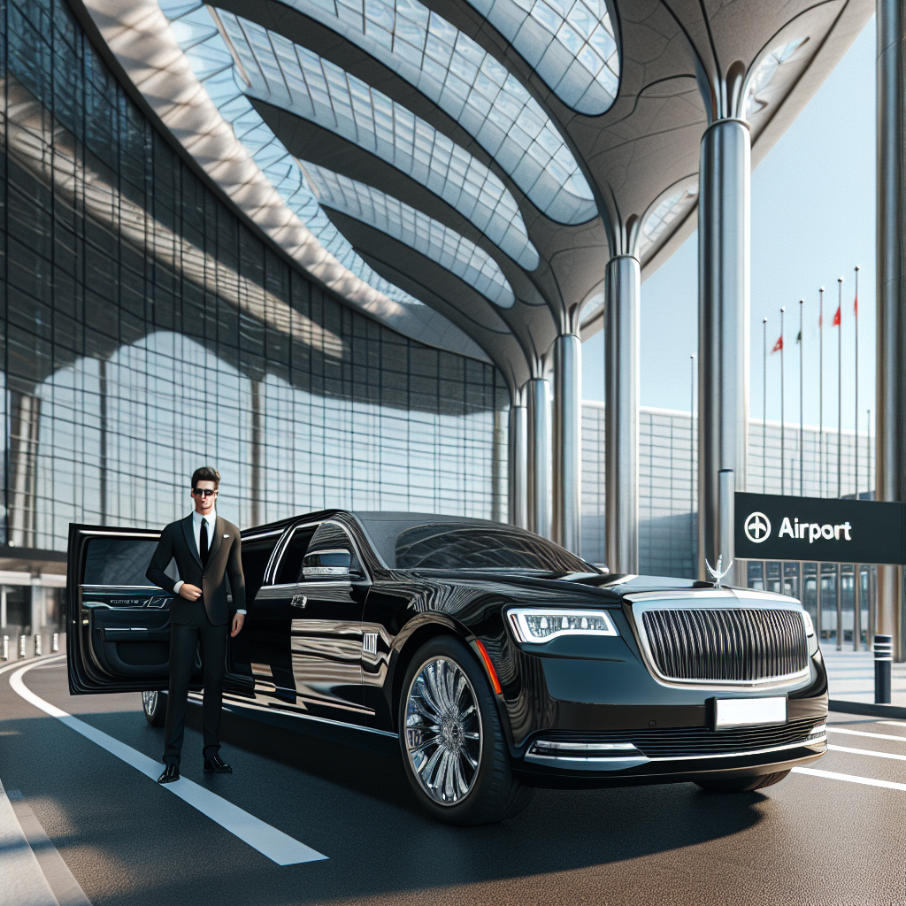 A luxurious black limousine with a driver opening the door at an airport entrance.