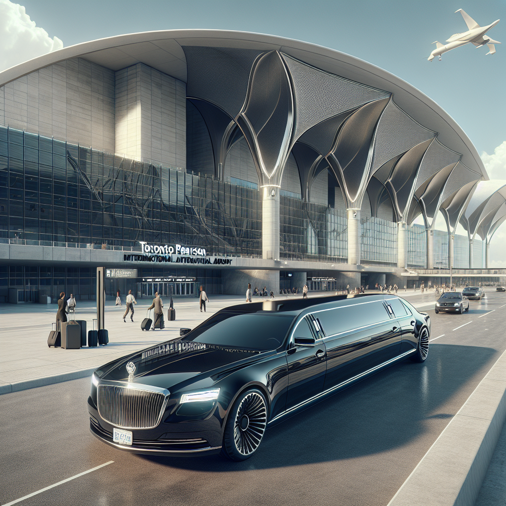 A luxurious black limo parked outside Toronto Pearson International Airport.