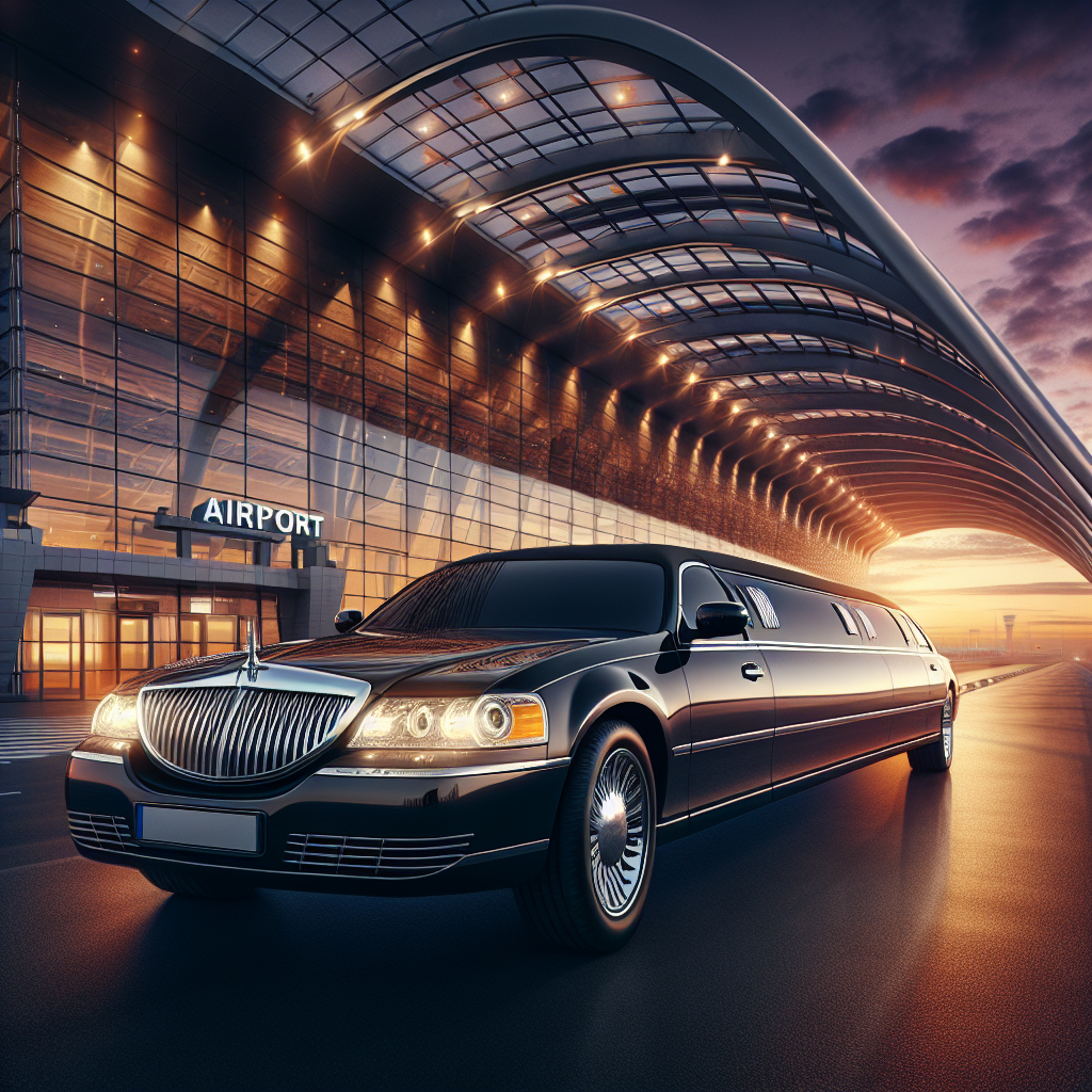 A luxury black limousine parked in front of a modern airport terminal at dawn.