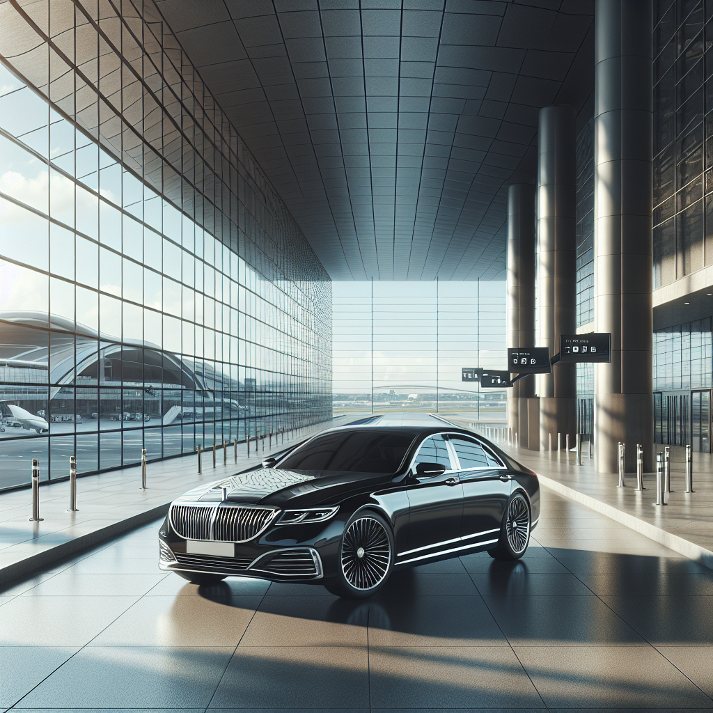 A luxury black sedan car parked near the entrance of a modern airport terminal.