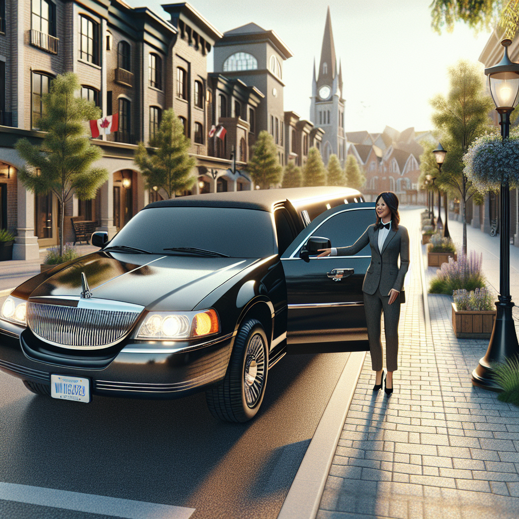 Luxurious black limo with a professional driver on a picturesque street in Whitby, Ontario.