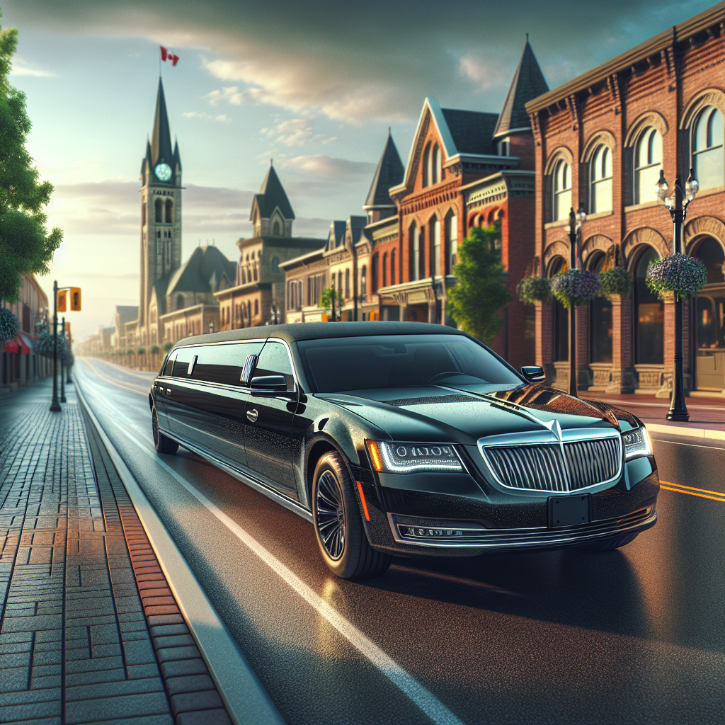 Luxurious black limousine driving through the streets of Whitby, Ontario, with urban and suburban elements in the background.