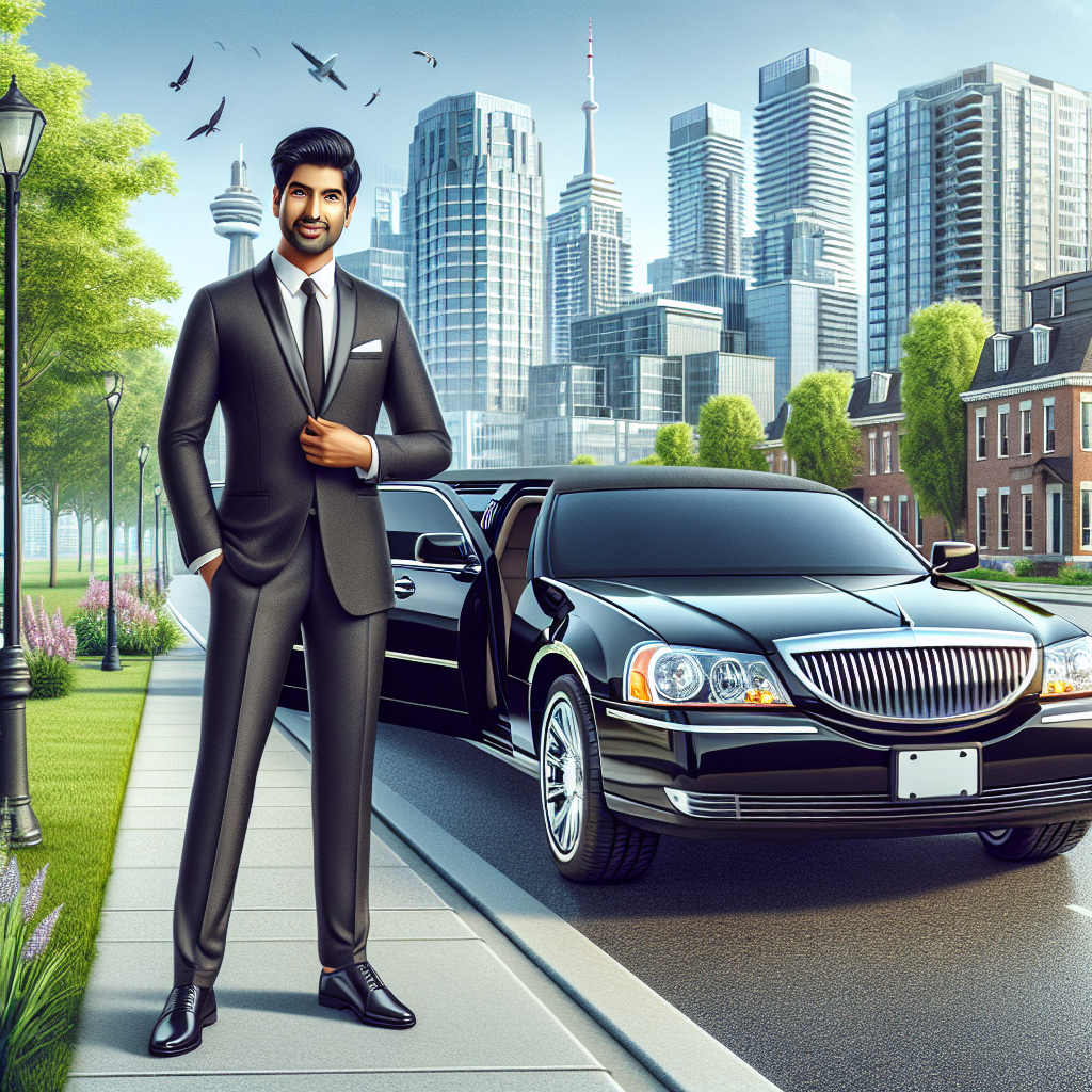 A sleek black limousine in Whitby, Ontario with a professional driver standing beside it.