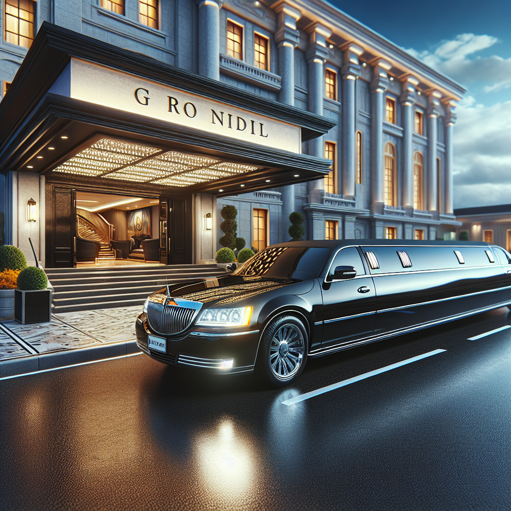 A sleek black stretch limousine parked in front of an elegant hotel entrance, representing luxurious Bowmanville Limo Services.