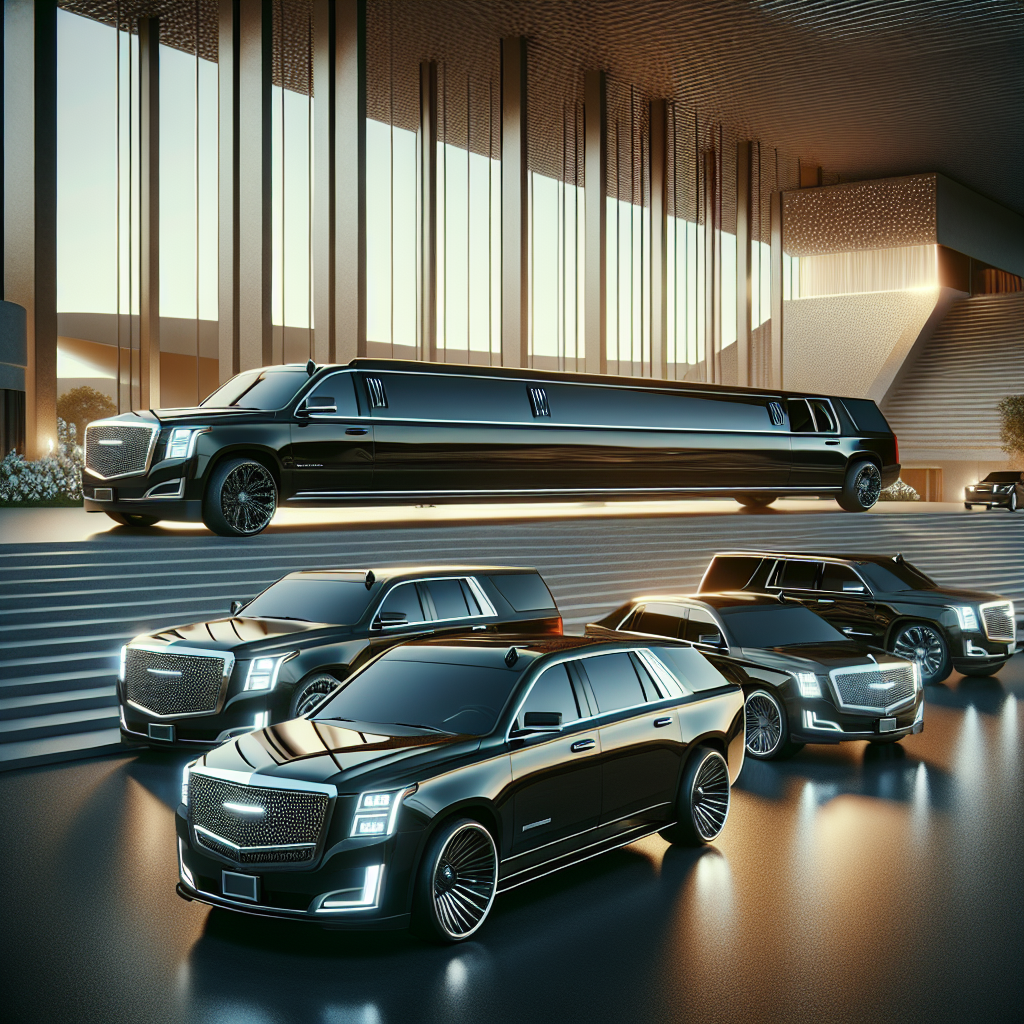 Fleet of luxury vehicles including sedans, SUVs, and a stretch limousine in front of a modern building.