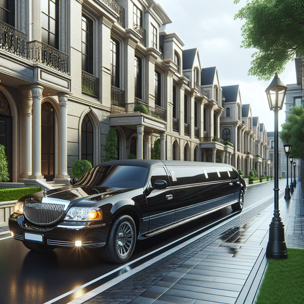 A luxurious black stretch limousine parked in front of an upscale building in Bowmanville.