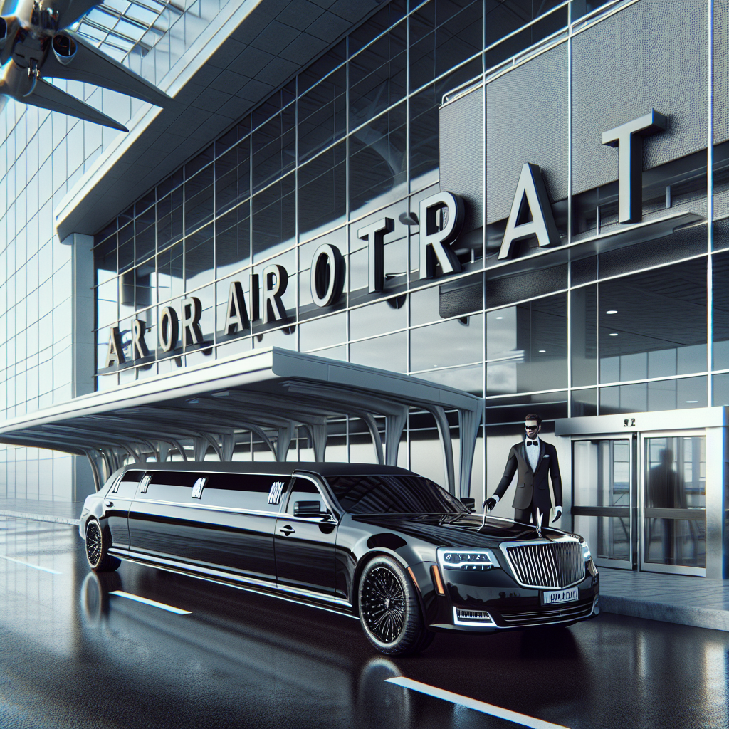 A luxurious black stretch limousine at a modern airport terminal, with a professional driver ready to assist.