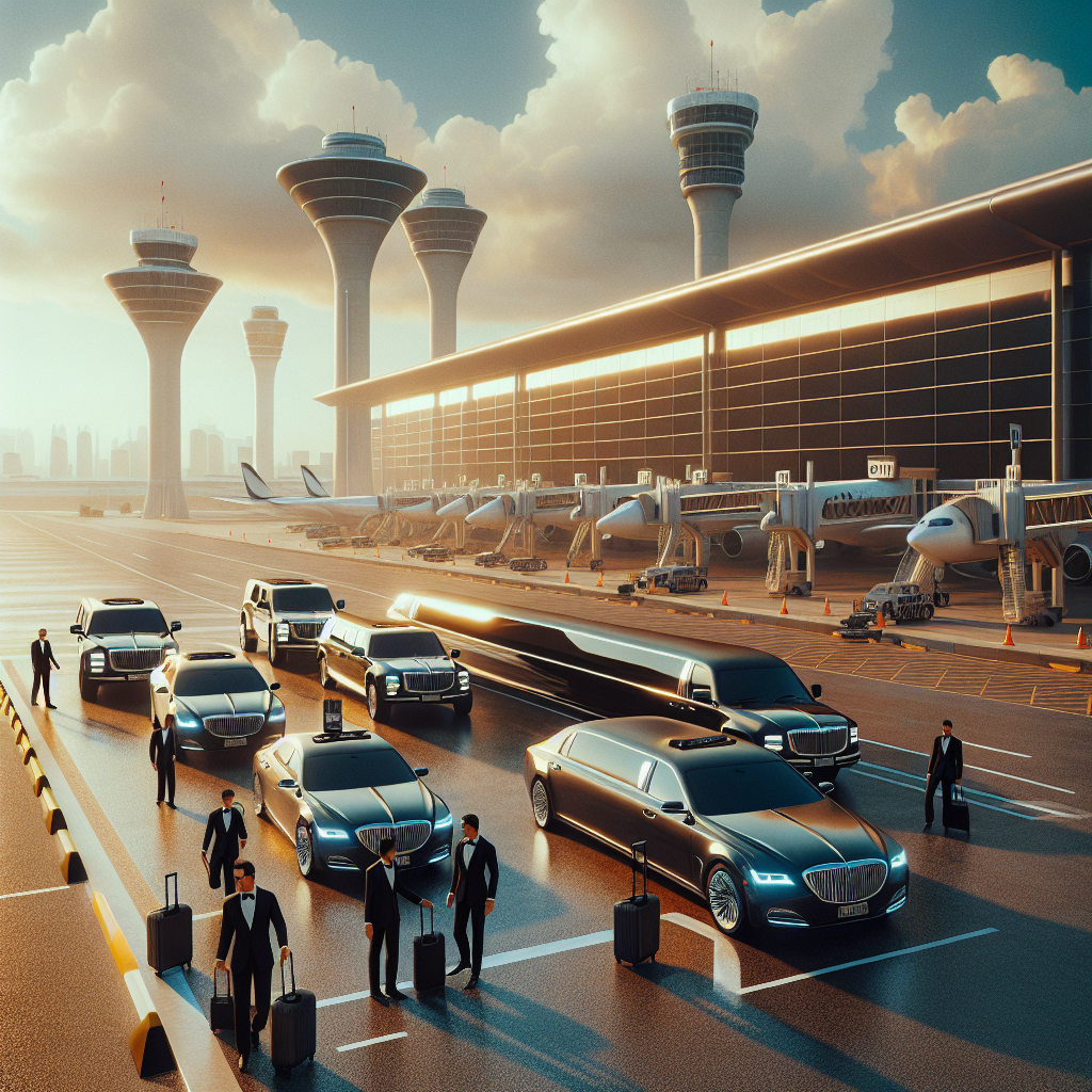 A fleet of luxury limousines parked in front of an airport terminal with professional drivers assisting passengers.