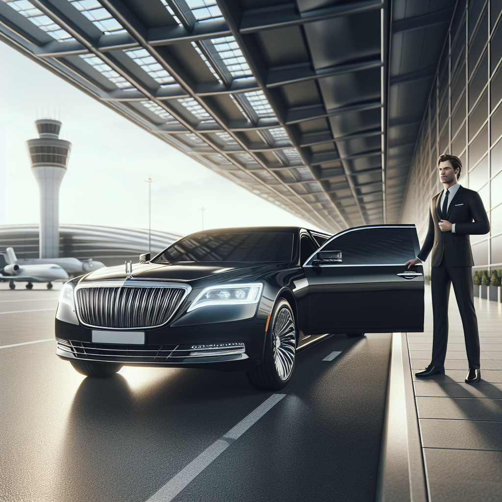 A luxurious black stretch limousine with a professional driver outside an airport terminal, representing Barrie airport limo service.