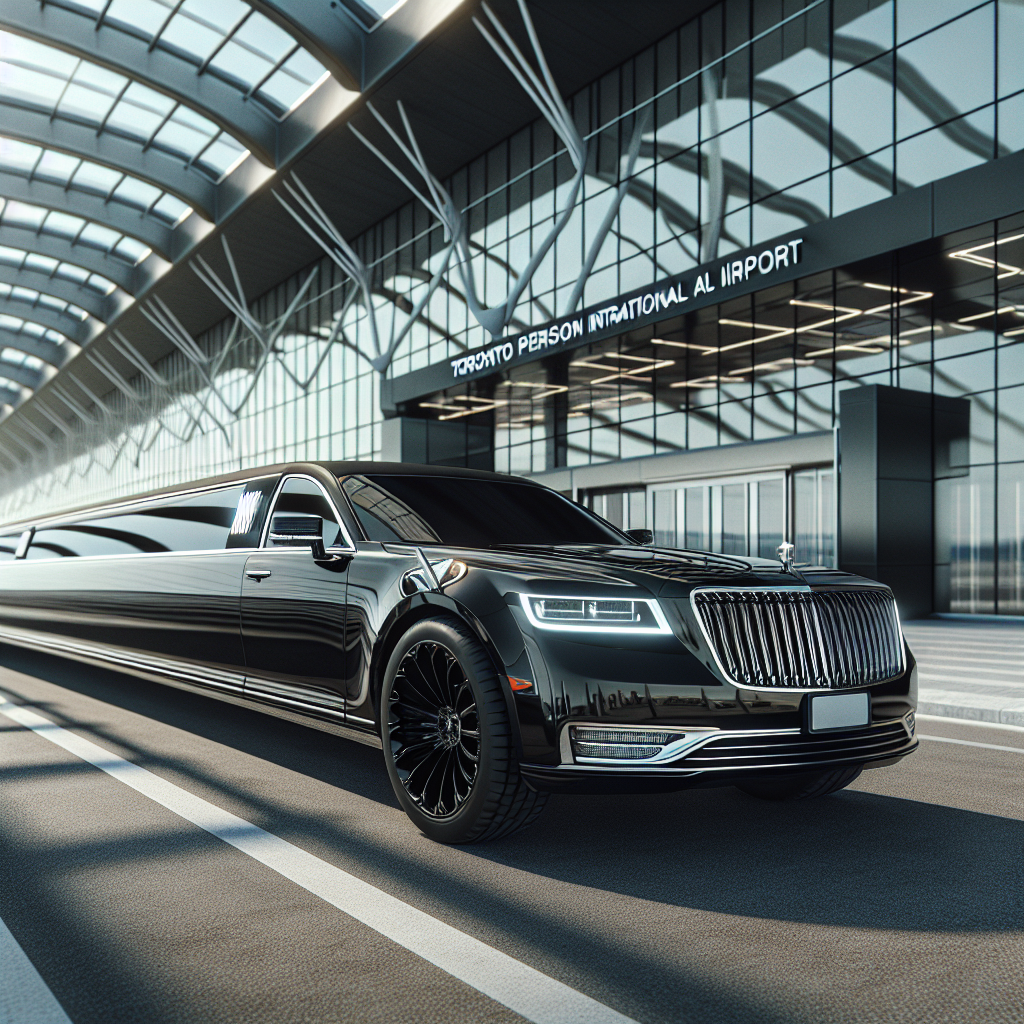 A luxurious black stretch limousine parked outside Toronto Pearson International Airport.