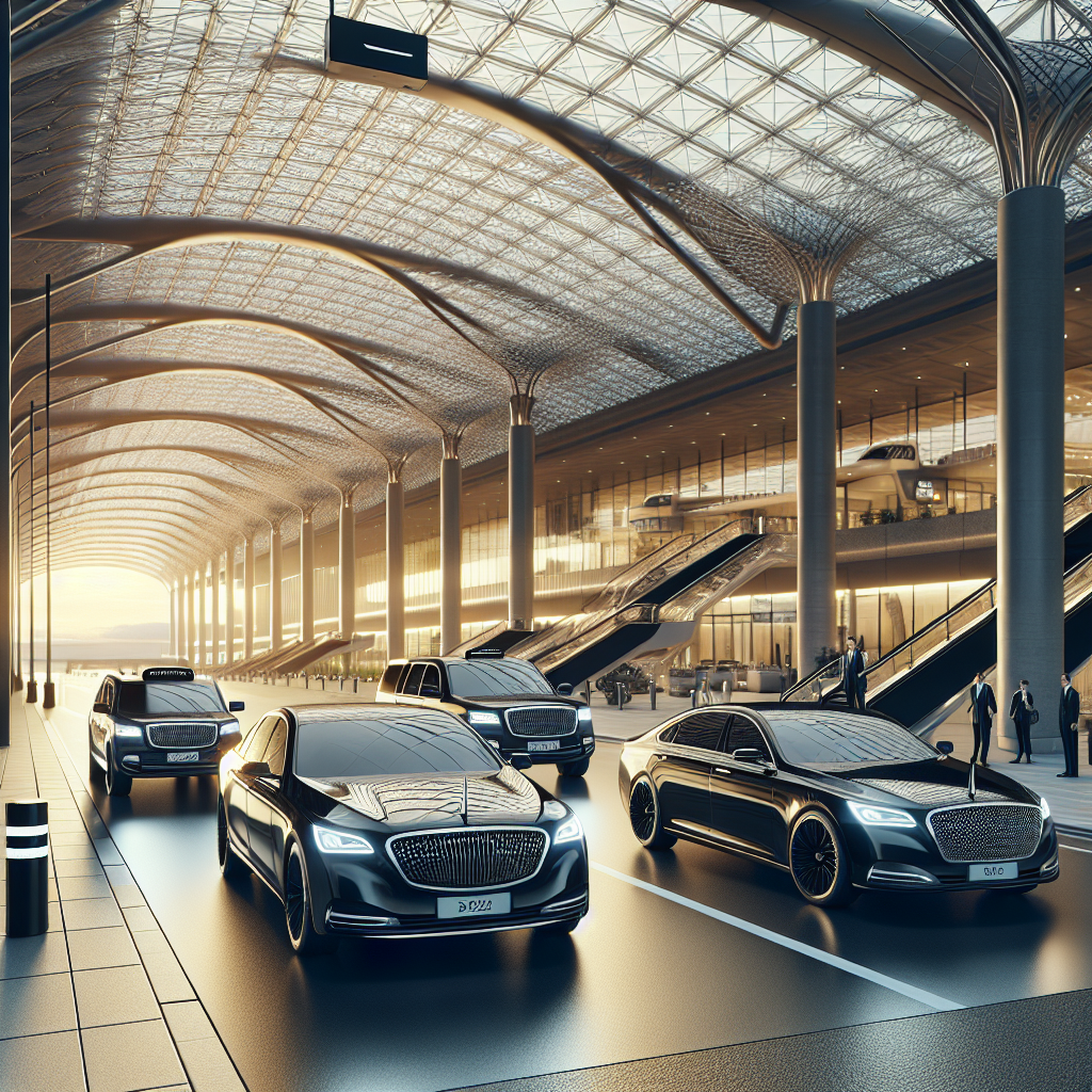 Luxury airport car services with sleek black sedans and spacious SUVs at an airport terminal entrance, professional drivers in suits standing by.